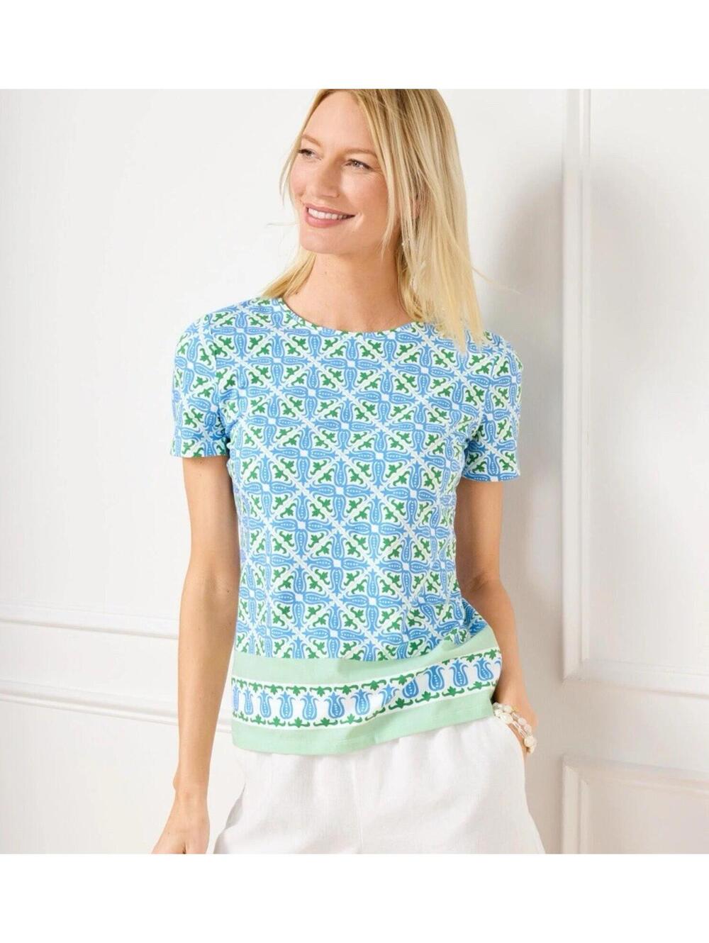 NWT Talbots Tshirt Blue Green Diagonal Tiles Resort Cruise Coastal 1X